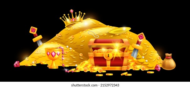 Gold treasure vector cartoon illustration, medieval coin pile, pirate full money trunk, king crown. Secret ancient chest, fantasy adventure game trophy, hidden dungeon wealth. Gold treasure clipart