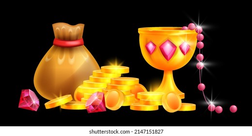 Ilustración vectorial del tesoro dorado, juego de caricatura de monedas piratas, piedra de piedra, bolsa de dinero completa, goblet rey. Antiguo trofeo medieval oculto, joyas mágicas de fantasía, vieja copa. Clísico del tesoro de oro antiguo