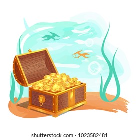 Gold treasure in wooden chest at ocean bottom. Shiny coins hidden in water among fishes and seaweed. Precious treasures isolated vector illustration.