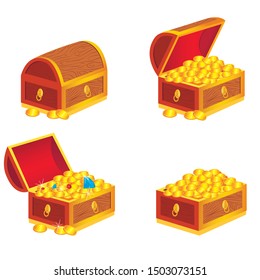 Gold treasures and diamonds. Treasure on white background in wooden chest. Pirate money. Cartoon icons for web, games, interface. Vector