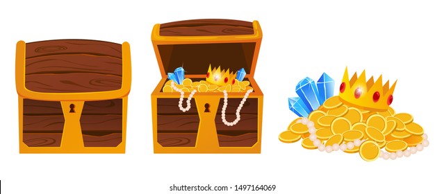 Gold treasures with expensive diamonds and luxury crowns in old wooden chest and fabric bags isolated vector illustrations on white background. 