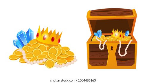 Gold treasures with expensive diamonds and luxury crowns in old wooden chest and fabric bags isolated vector illustrations on white background. 