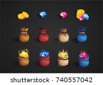 Gold treasures with expensive diamonds and rubies. Treasure and gold coins on dark background: by the piece, in closed, open old bags. Hidden ancient pirate money. Cartoon icons. Vector illustration