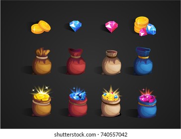 Gold treasures with expensive diamonds and rubies. Treasure and gold coins on dark background: by the piece, in closed, open old bags. Hidden ancient pirate money. Cartoon icons. Vector illustration