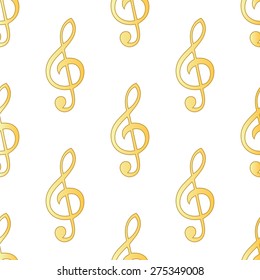 Gold treble clef repeated on white background