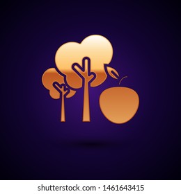 Gold Tree with apple icon isolated on dark blue background. Agricultural plant. Organic farm product. Gardening theme.  Vector Illustration
