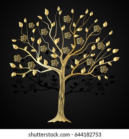 Gold tree with flowers on black background.