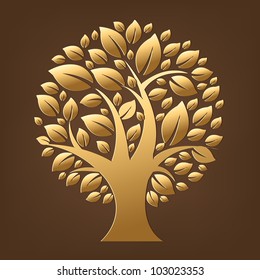 Gold Tree, Isolated On Brown Background, Vector Illustration