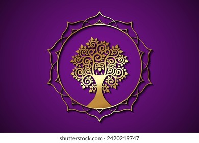 Gold Tree of Life on Sacred lotus frame border logo template. Buddhism esoteric motifs, spiritual yoga. Golden Mandala Vector isolated on purple background 
