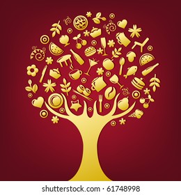 Gold Tree Made Of Products And Subjects Of Restaurant Icons, Vector Illustration