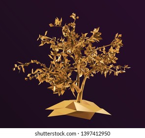 Gold Tree on Purple Background. Shiny Metallic Golden Low Poly Vector 3D Rendering