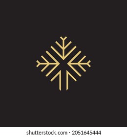 Gold Tree Simple Logo Design. Minimalist Mono line Tree Isolated on Black Background. Design Vector Icon Illustration.