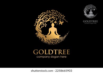 Gold Tree Vector Logo Template. Awesome Logo template that combine silhouette human, butterfly with gold leaves that means Healthy Life, perfect for health company, therapy, healing activist, etc.