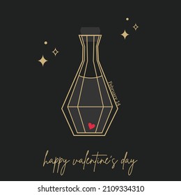 Gold trendy esoteric card with love bottle , Valentine's day card, bottle illustration with love potion and heart inside