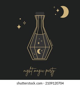 Gold trendy esoteric  illustration with bottle , magic potion, moon and stars