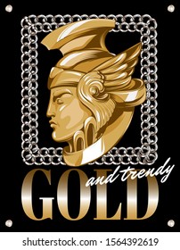 Gold and trendy. Vector hand drawn illustration of  warrior with chains isolated. Creative  artwork with pearls. Template for card, poster, banner, print for t-shirt, pin, badge, patch.