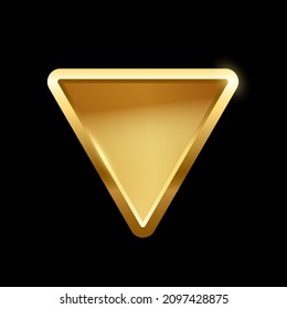 Gold triangle button with frame vector illustration. 3d golden glossy elegant design for empty emblem, medal or badge, shiny and gradient light effect on plate isolated on black background