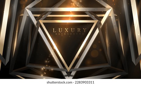 Gold triangle frame on dark scene with golden light effects decoration and bokeh. Luxury style modern black background.