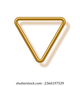 Goldener Dreiecksrahmen für Bild mit Schatten auf weißem Hintergrund. Leerzeichen für Bild, Bild, Karte oder Foto. 3d realistische Röhrenvorlage Vektorgrafik. Einfaches goldenes Objekt verspottet.