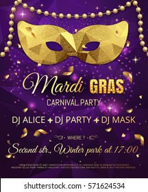 Gold Triangle Pattern Glitter Mask For Mardi Gras Tuesday Carnival Party Poster Or Flyer On Purple Background With Gold Bead Garland And Confetti. Celebration Greeting Card. Vector Illustration