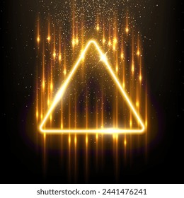 Gold triangle shape border with flash rays and sparks vector illustration. Realistic 3D shiny golden frame with edges and fiery flare, precious jewelry and abstract star dust glow on black background.