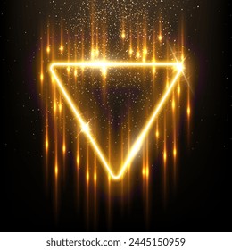 Gold triangle shape border with flash rays and sparks vector illustration. Realistic 3D shiny golden frame with edges and fiery flare, precious jewelry and abstract star dust glow on black background.