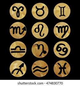 Gold triangle vector zodiac signs. Polygon horoscope icons