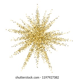 Gold triangles glitter luxury sparkling confetti. Scattered small gold particles on white background. Admirable festive overlay template. Alluring vector illustration.