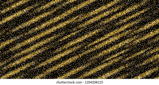 Gold triangles glitter luxury sparkling confetti. Scattered small gold particles on black background. Bewitching festive overlay template. Tempting vector illustration.