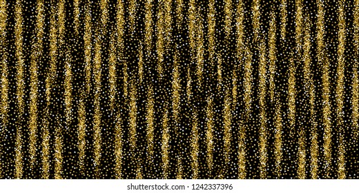 Gold triangles glitter luxury sparkling confetti. Scattered small gold particles on black background. Bizarre festive overlay template. Excellent vector illustration.