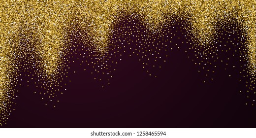 Gold triangles glitter luxury sparkling confetti. Scattered small gold particles on red maroon background. 