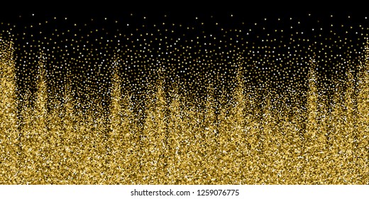 Gold triangles glitter luxury sparkling confetti. Scattered small gold particles on black background. Beautiful festive overlay template. 