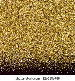 Gold triangles glitter luxury sparkling confetti. Scattered small gold particles on red maroon background. Amazing festive overlay template. Creative vector illustration.