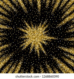 Gold triangles glitter luxury sparkling confetti. Scattered small gold particles on black background. Actual festive overlay template. Charming vector illustration.