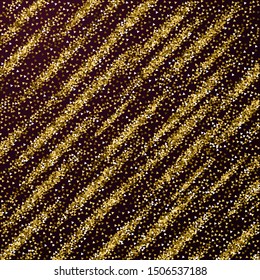 Gold triangles glitter luxury sparkling confetti. Scattered small gold particles on red maroon background. Alive festive overlay template. Unique vector illustration.