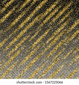 Gold triangles glitter luxury sparkling confetti. Scattered small gold particles on transparent background. Alive festive overlay template. Unusual vector illustration.