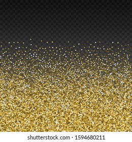 Gold triangles glitter luxury sparkling confetti. Scattered small gold particles on transparent background. Amazing festive overlay template. Mesmeric vector illustration.