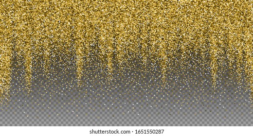 Gold triangles glitter luxury sparkling confetti. Scattered small gold particles on transparent background. Awesome festive overlay template. Likable vector illustration.