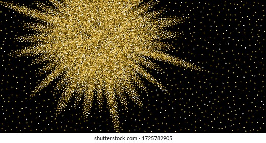 Gold triangles glitter luxury sparkling confetti. Scattered small gold particles on black background. Awesome festive overlay template. Bold vector illustration.