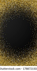 Gold triangles glitter luxury sparkling confetti. Scattered small gold particles on black background. Ecstatic festive overlay template. Delightful vector background.
