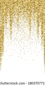 Gold triangles glitter luxury sparkling confetti. Scattered small gold particles on white background. Eminent festive overlay template. Quaint vector background.