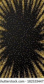 Gold triangles glitter luxury sparkling confetti. Scattered small gold particles on black background. Divine festive overlay template. Optimal vector background.