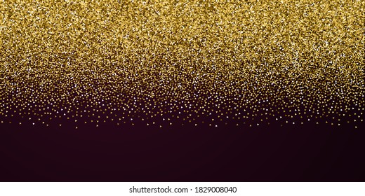 Gold triangles glitter luxury sparkling confetti. Scattered small gold particles on red maroon background. Breathtaking festive overlay template. Fine vector illustration.
