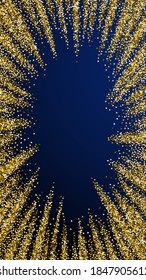 Gold triangles glitter luxury sparkling confetti. Scattered small gold particles on dark blue background. Ecstatic festive overlay template. Incredible vector background.