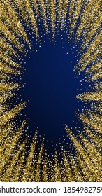 Gold triangles glitter luxury sparkling confetti. Scattered small gold particles on dark blue background. Dramatic festive overlay template. Curious vector background.