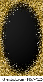 Gold triangles glitter luxury sparkling confetti. Scattered small gold particles on black background. Dramatic festive overlay template. Pleasing vector background.
