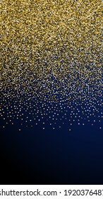 Gold triangles glitter luxury sparkling confetti. Scattered small gold particles on dark blue background. Energetic festive overlay template. Splendid vector background.