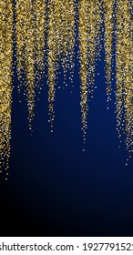 Gold triangles glitter luxury sparkling confetti. Scattered small gold particles on dark blue background. Enchanting festive overlay template. Exceptional vector background.