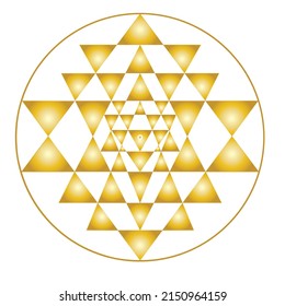 La ilusión de los Triángulos de Oro del centro de Shri Yantra, la evolución del multiverso como resultado de la natural Voluntad Divina. Diagrama místico aislado sobre fondo blanco.