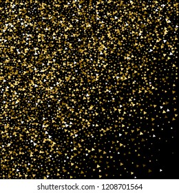 Gold triangles luxury sparkling confetti. Scattered small gold particles on black background. Amusing festive overlay template. Fancy vector illustration.